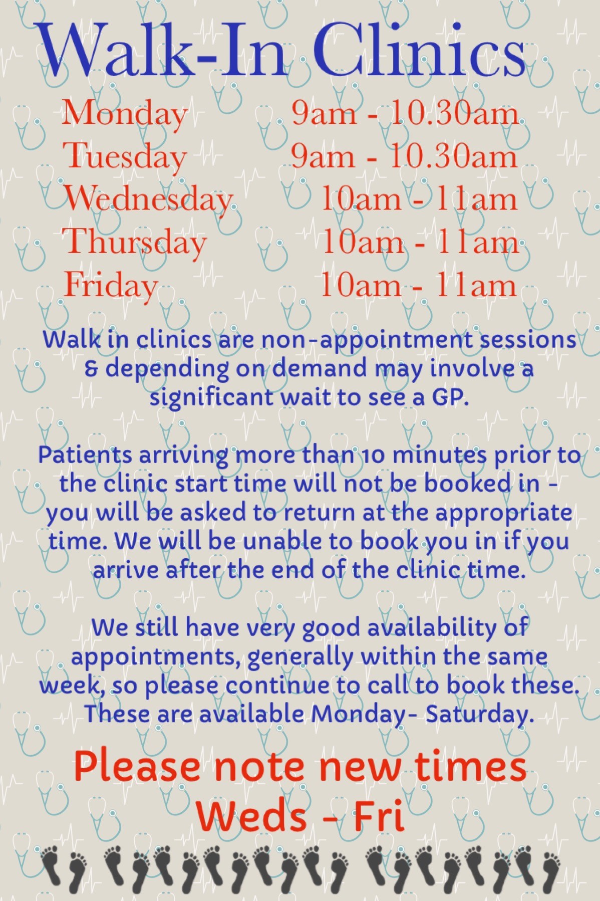 Walk in Clinics information poster